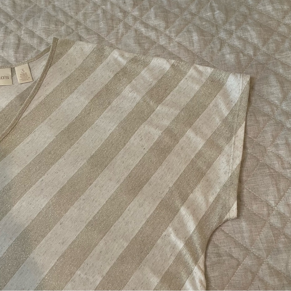 Chico’s Tan Linen Metallic Gold Diagonal Stripe V-Neck Top Chico’s size 3 / XL - Picture 4 of 11